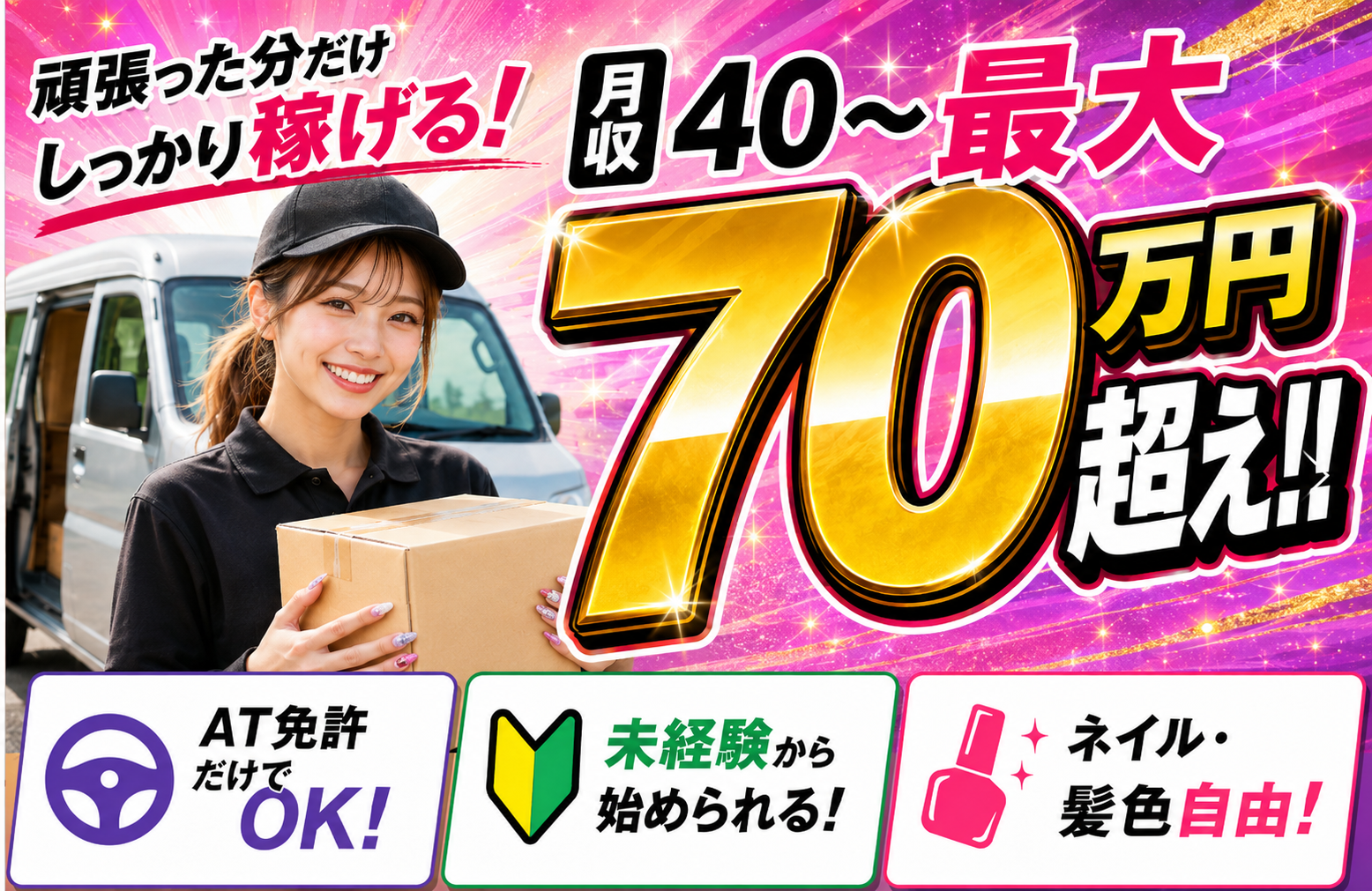 【安城市】出来高制！初月給与保証あり
軽自動車での宅配業務☆女性活躍中